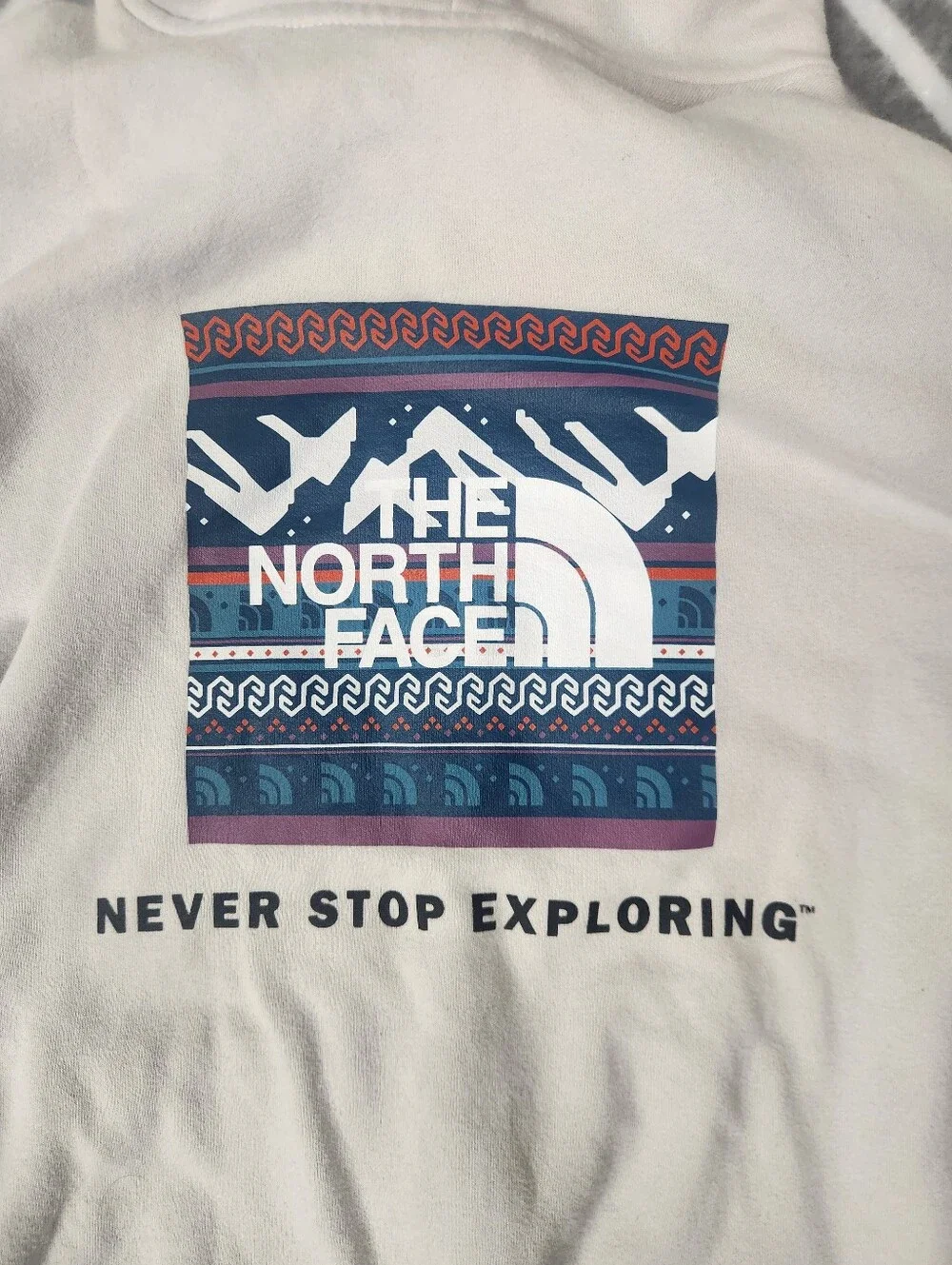 The North Face Never Stop Exploring Cream Hoodie with Blue & Purple Graphic